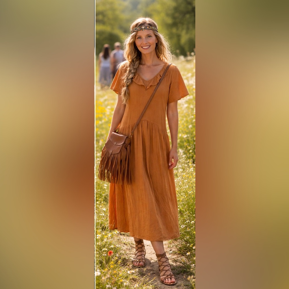 Ces Femme Rust Orange Maxi Dress Size 10 Boho V Neck Flowy Pockets Festival